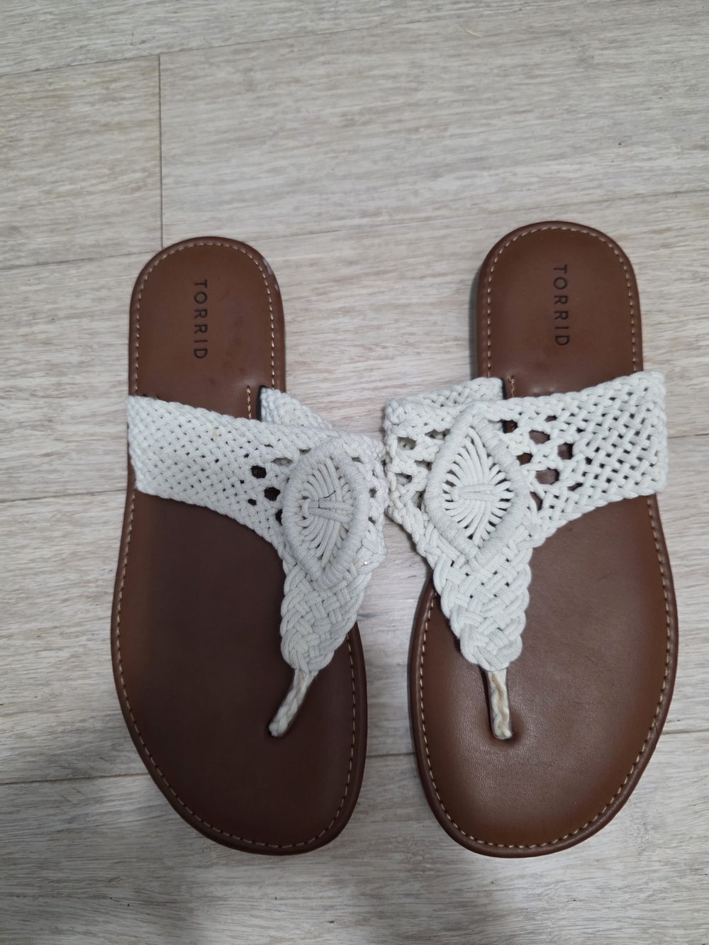 torrid White Macramé Toe-Post Sandals with Brown Footbed